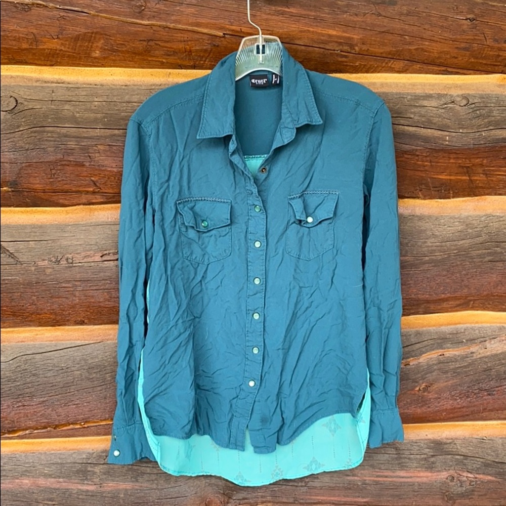 Turquoise snap shirt with Aztec chiffon back